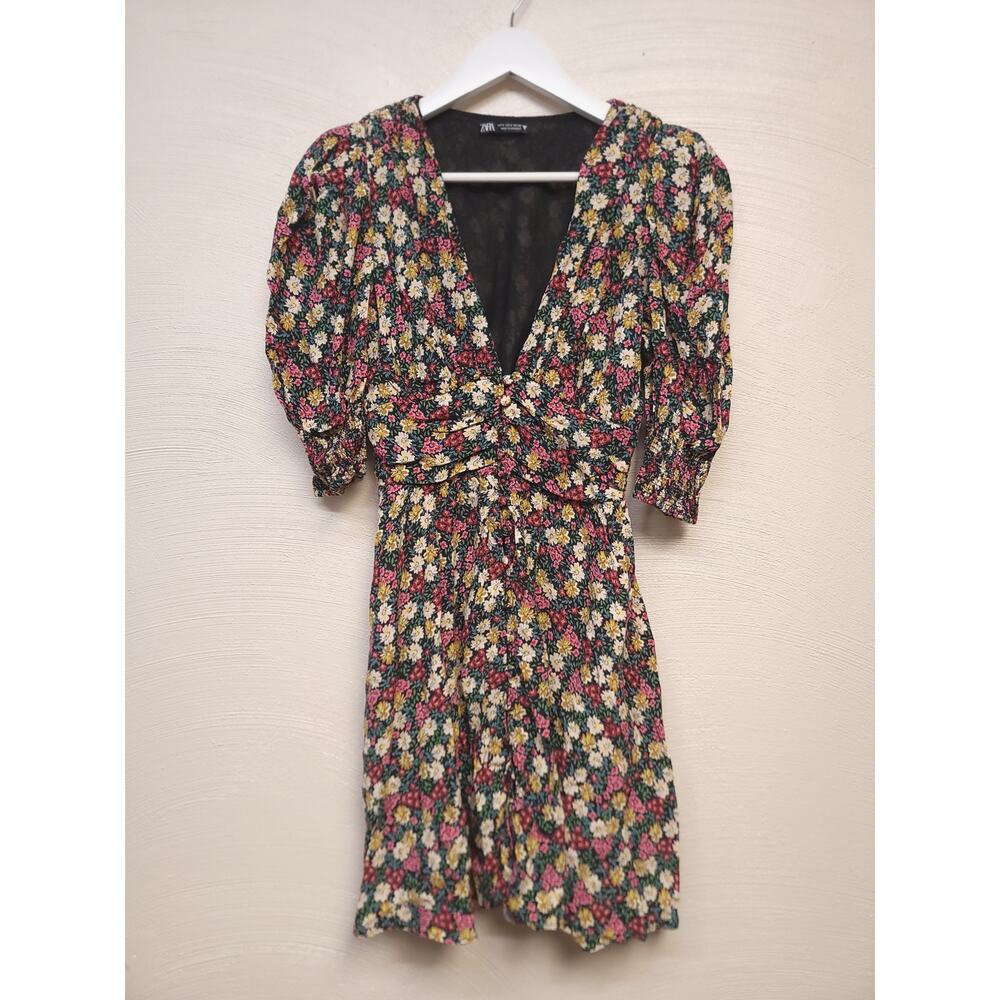 Zara Floral Dress New Size S Short V Neck Summer Micro Flowers Multicolor Black